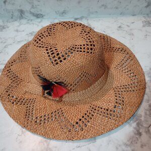 Straw Hat with Feather and Buckle Detail